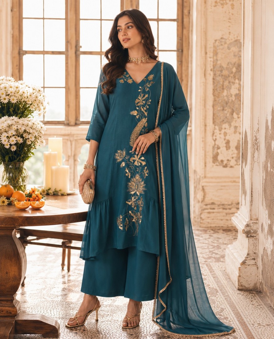 7111 - Chanderi Readymade Salwar Kameez in Teal